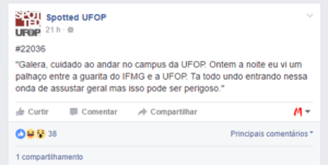 No Facebook, postagem anônima relata aparecimento de palhaço assustador entre UFOP e IFMG No Facebook, postagem anônima relata aparecimento de palhaço assustador entre UFOP e IFMG