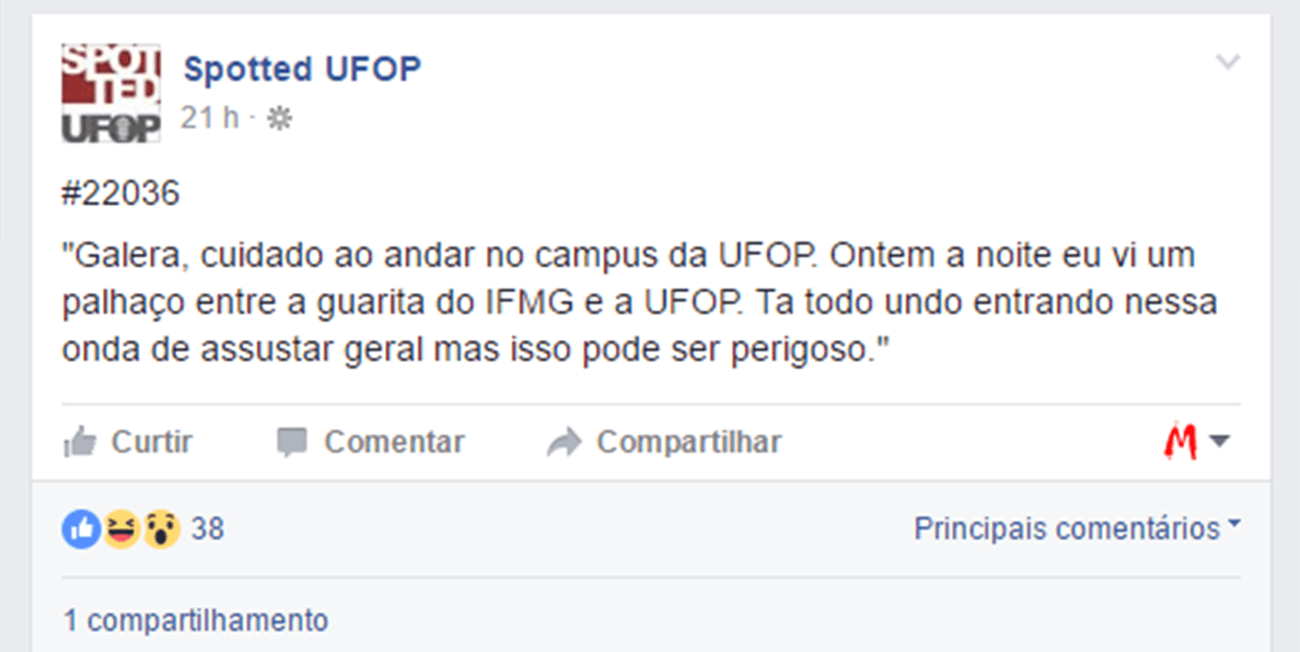 No Facebook, postagem anônima relata aparecimento de palhaço assustador entre UFOP e IFMG