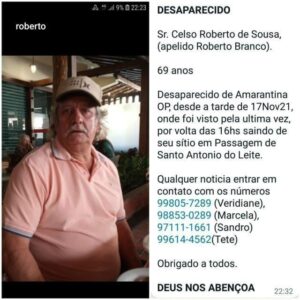 Família procura por homem visto pela última vez em Amarantina, distrito de Ouro Preto Família procura por homem que desapareceu perto de Amarantina, distrito de Ouro Preto