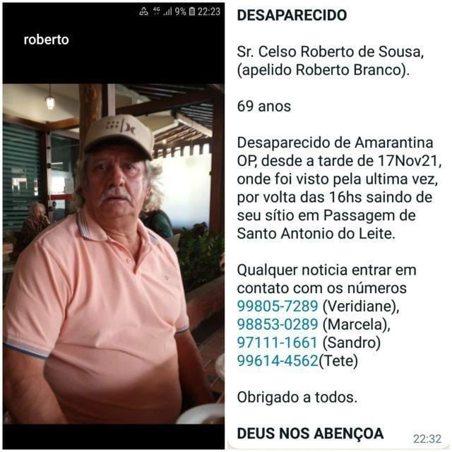 Família procura por homem que desapareceu perto de Amarantina, distrito de Ouro Preto