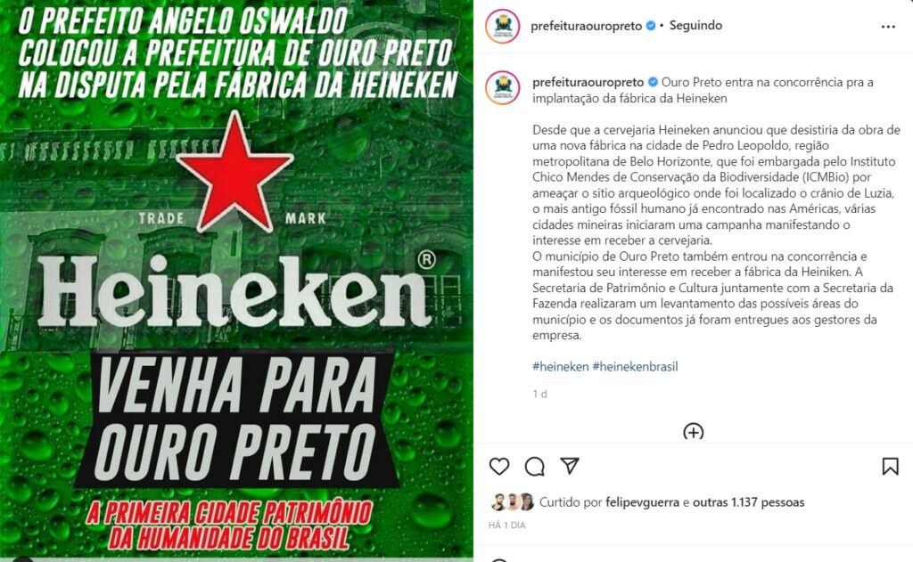 Ouro Preto e Mariana entram na concorrência para receber nova fábrica da Heineken