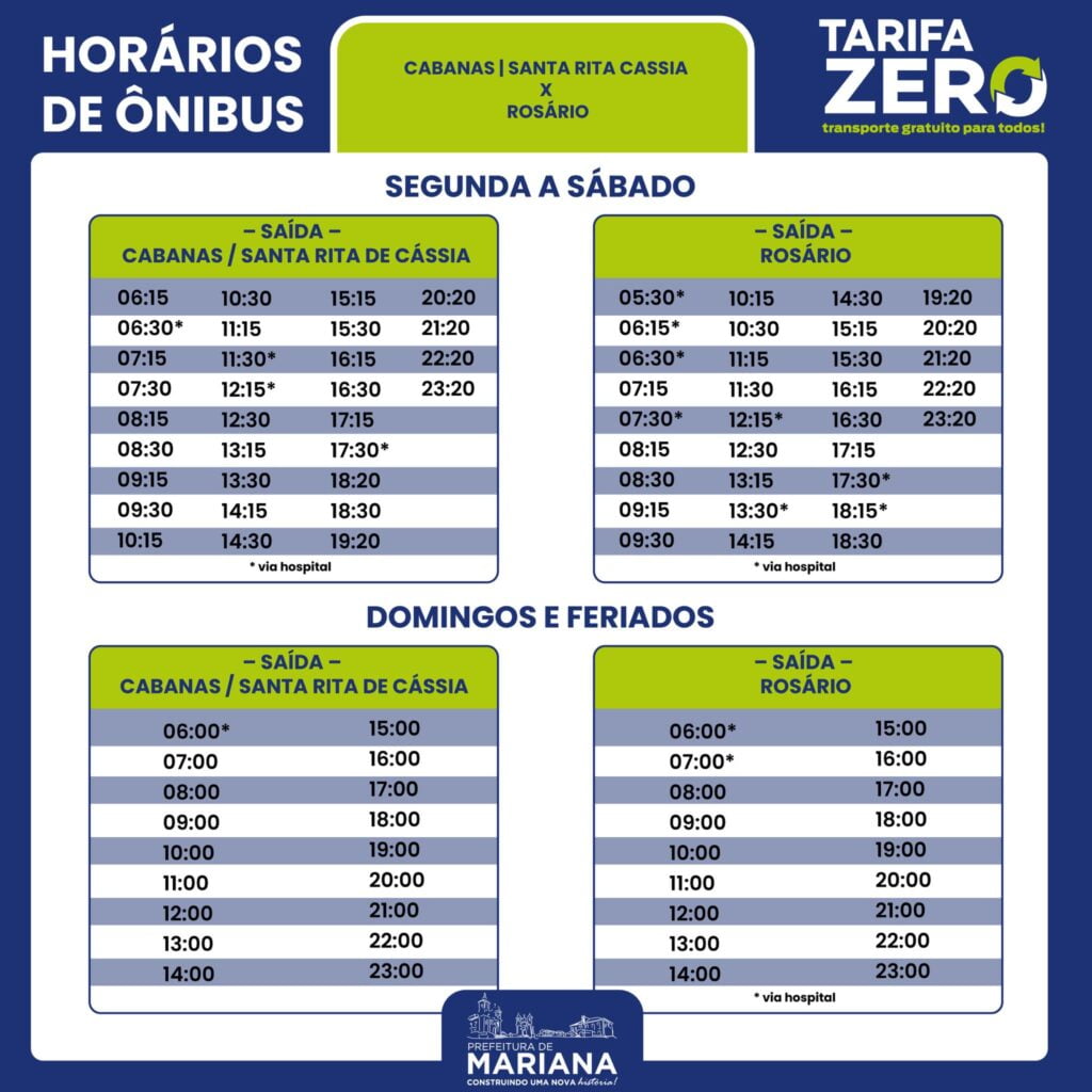 Tarifa Zero: veja os novos horários de ônibus em Mariana