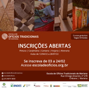 Escola de Ofícios Tradicionais de Mariana abre inscrições para cursos gratuitos Escola de Ofícios Tradicionais de Mariana abre inscrições para cursos gratuitos