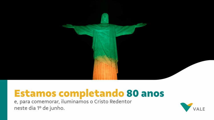 Cristo Redentor é iluminado de verde e amarelo em homenagem aos 80 anos da mineradora Vale