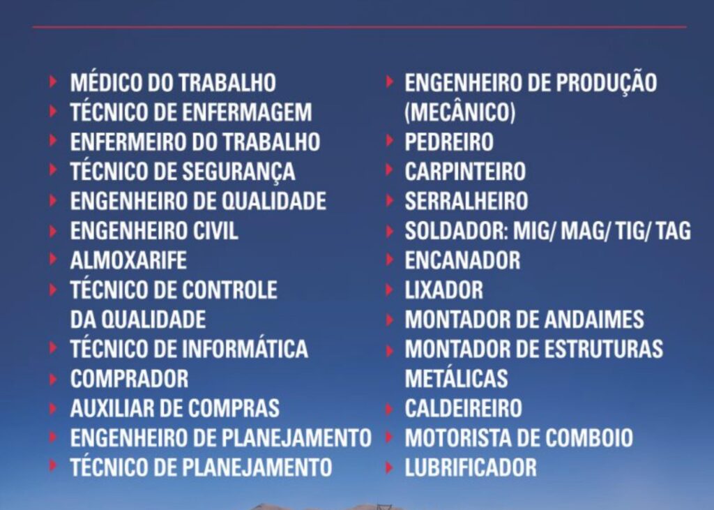 Não perca essa chance! Empresa que presta serviços para mineração abre muitas vagas para vários cargos Não perca essa chance! empresa que presta serviços para mineração abre muitas vagas para vários cargos