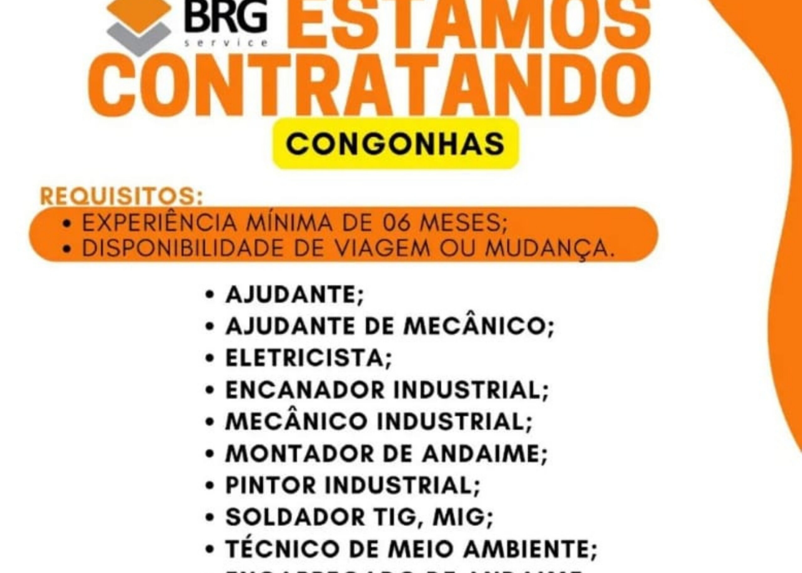BRG Service tem vagas de emprego abertas em Congonhas (MG)