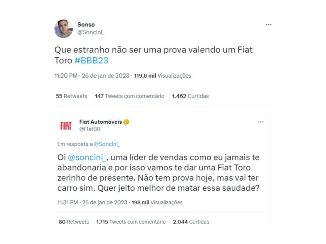 Homem ganha Fiat Toro zerado de presente após fazer Twitter durante prova do BBB23 Homem ganha Fiat Toro zerado de presente após fazer Twitter durante prova do BBB23