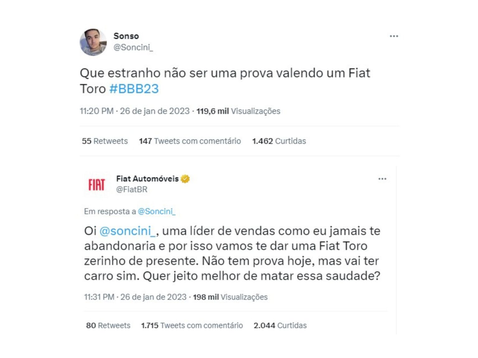 Homem ganha Fiat Toro zerado de presente após tuitar durante prova do BBB23 Homem ganha Fiat Toro zerado de presente após fazer Twitter durante prova do BBB23