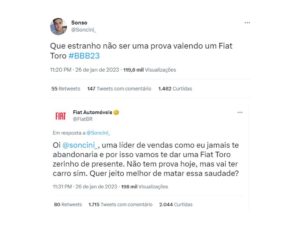 Homem ganha Fiat Toro zerado de presente após fazer Twitter durante prova do BBB23
