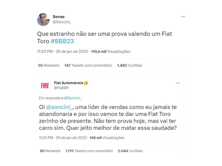 Homem ganha Fiat Toro zerado de presente após fazer Twitter durante prova do BBB23