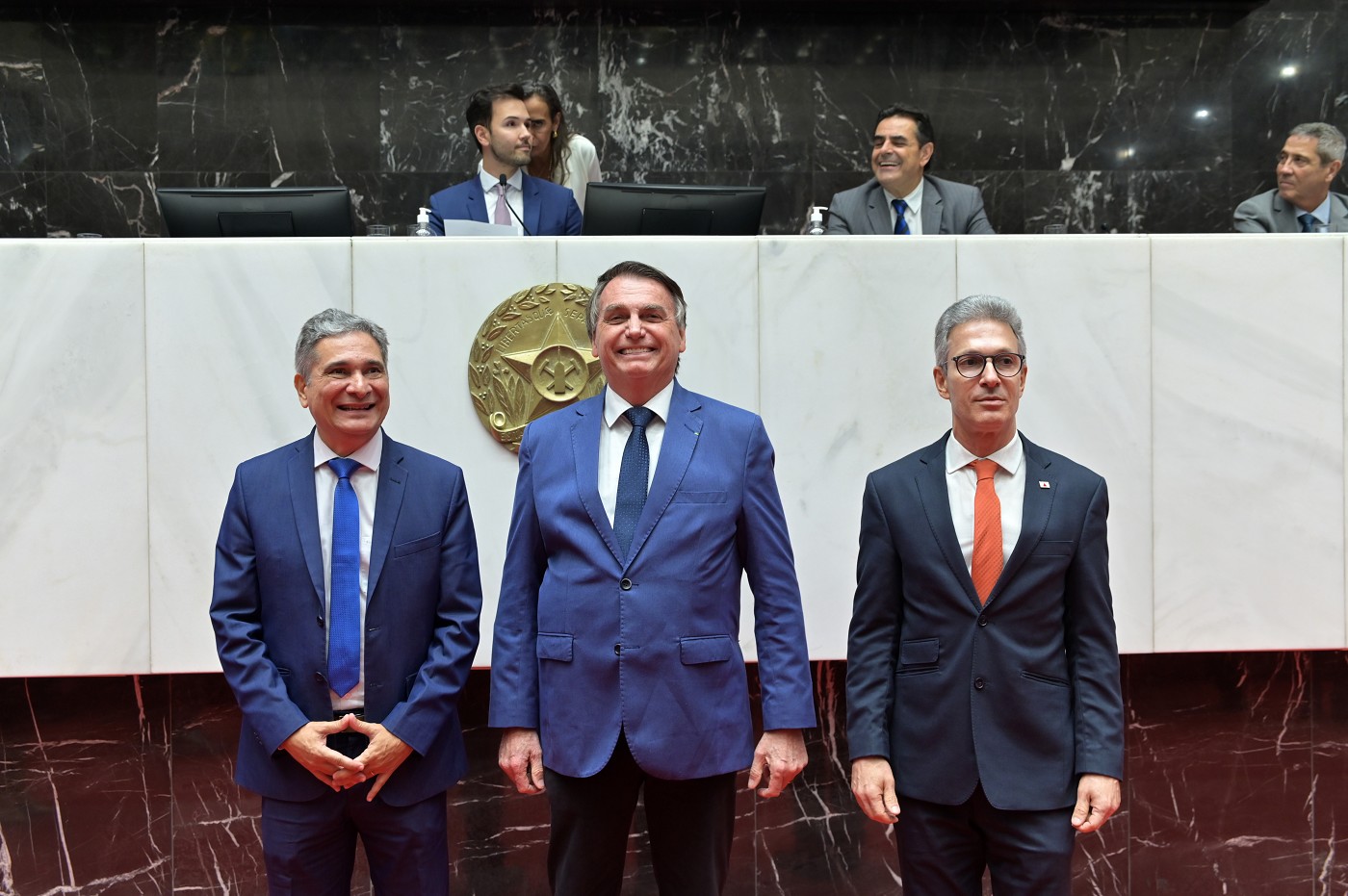 Na foto, Coronel Sandro (deputado estadual PL/MG), Jair Messias Bolsonaro (ex-presidente do Brasil), Romeu Zema (governador - Novo/MG) - Crédito: Luiz Santana/ALMG