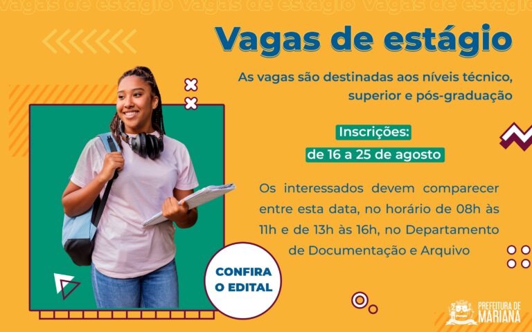 Prefeitura de Mariana abre processo de seleção de estagiários e formação de cadastro reserva
