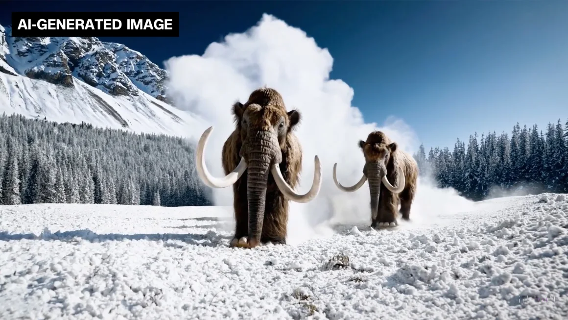 Esta imagem gerada por IA, de um vídeo OpenAI Sora, mostra mamutes peludos pisando na neve - Imagem: Sora/OpenAI
