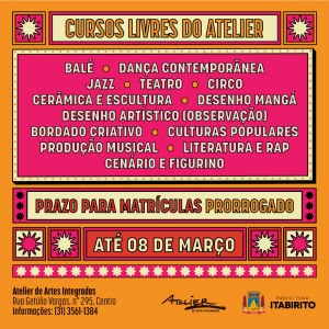 Inscrições para o Atelier de Artes Integradas em Itabirito vai até a próxima sexta