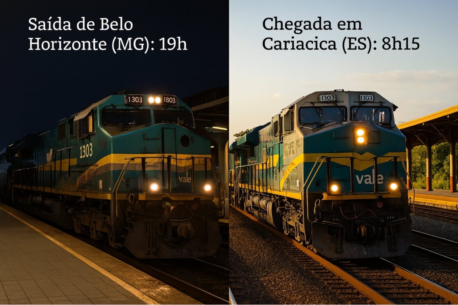Trem noturno de passageiros Vitória-Minas sairá de Belo Horizonte às 19h e chega em Cariacica (ES) de manhã, às 08h15 Trem noturno de passageiros Vitória-Minas sairá de Belo Horizonte às 19h e chega em Cariacica (ES) de manhã, às 08h15