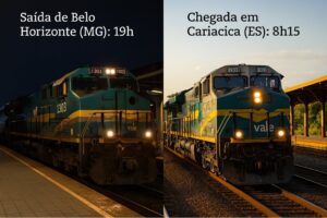 Trem noturno de passageiros Vitória-Minas sairá de Belo Horizonte às 19h e chega em Cariacica (ES) de manhã, às 08h15 Trem noturno de passageiros Vitória-Minas sairá de Belo Horizonte às 19h e chega em Cariacica (ES) de manhã, às 08h15