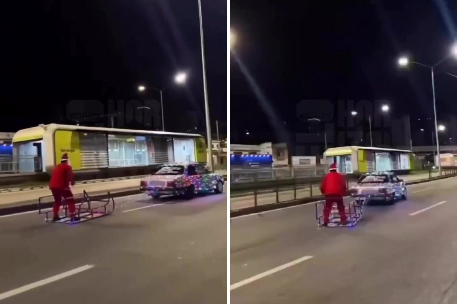 Papai Noel inova no transporte e surpreende motoristas na avenida Cristiano Machado, em BH