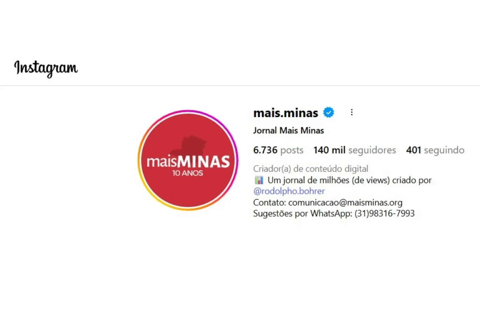 Mais Minas ultrapassa a marca de 140 mil seguidores no Instagram Mais Minas ultrapassa a marca de 140 mil seguidores no Instagram