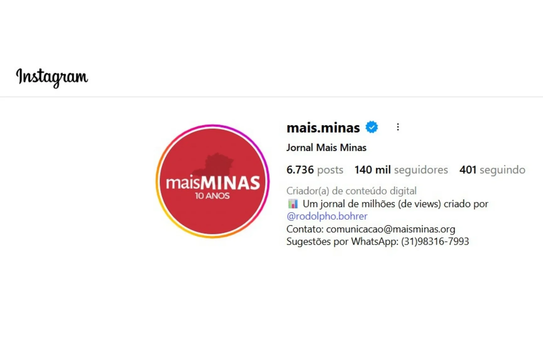 Mais Minas ultrapassa a marca de 140 mil seguidores no Instagram