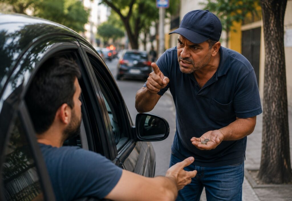 Cobrança de flanelinha pode ultrapassar o simples pedido de contribuição quando há ameaça, intimidação ou grave constrangimento para obrigar o motorista a entregar dinheiro.